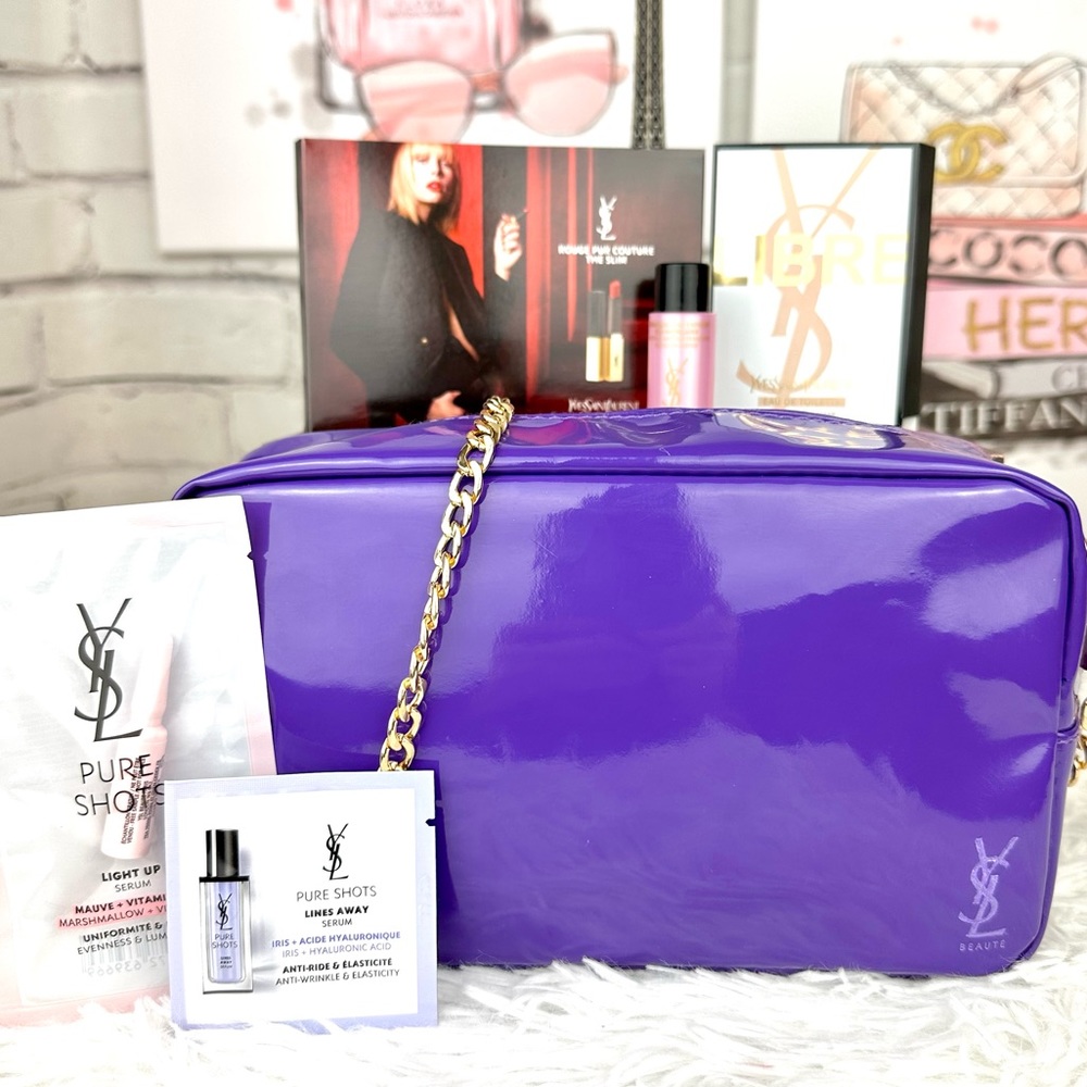 YSL YVES SAINT LAURENT purple patent faux leather crossbody bag samples …